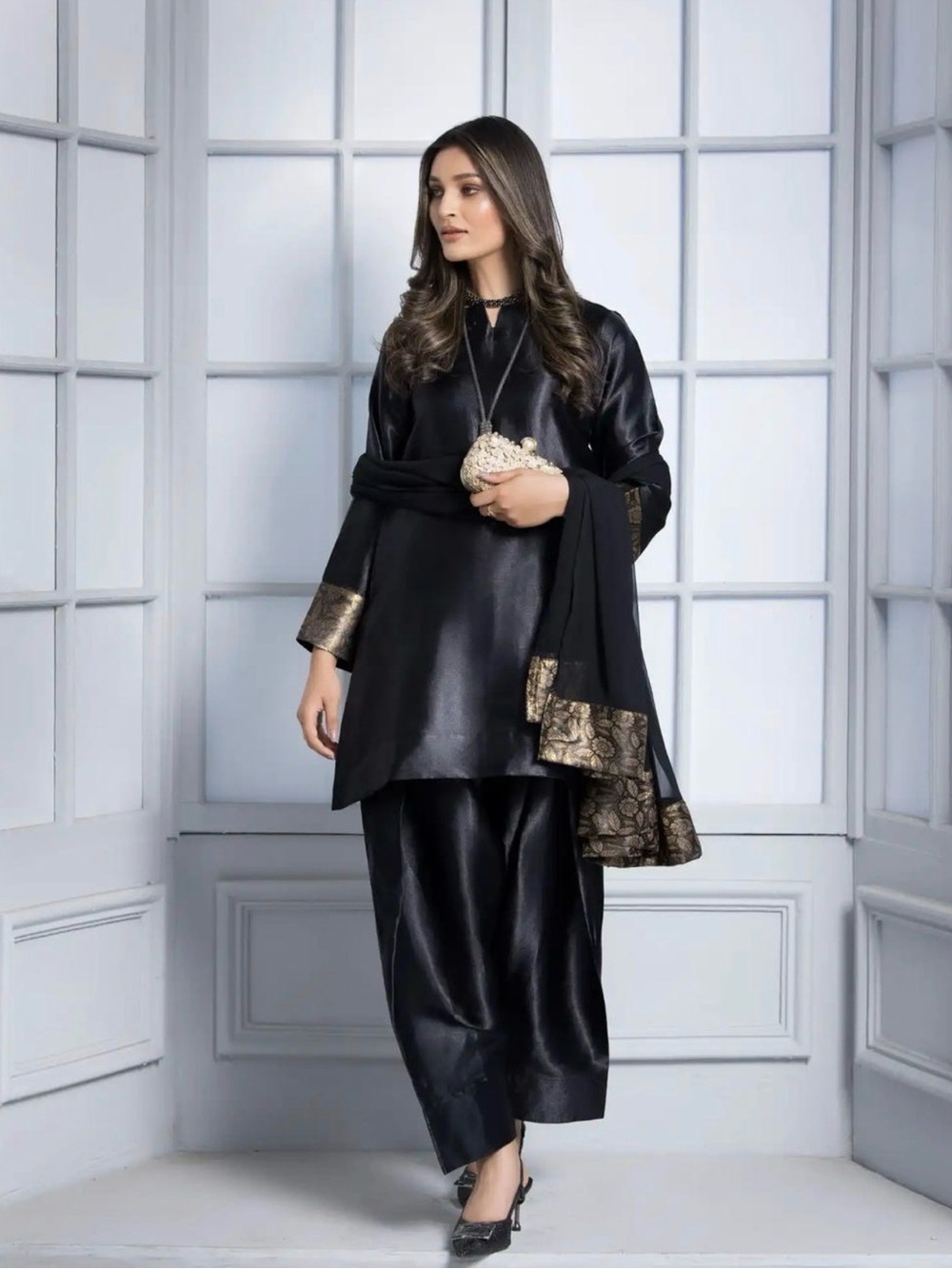 Black Satin Silk Farshi Salwar Kameez with Chiffon Duppata (Fixed Price)